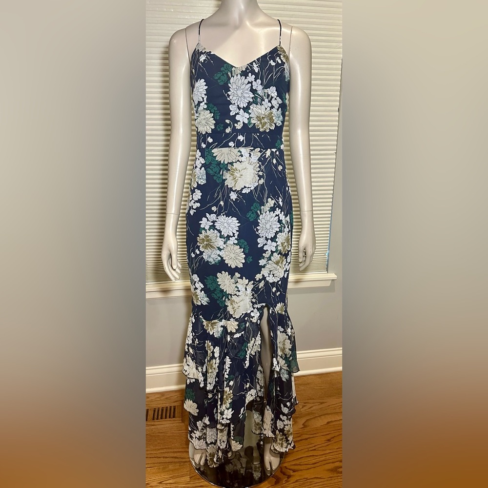 Two Sisters the Label Navy Floral Ruffle Trim Maxi Dress Lace Up Back Size US 8